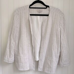 Loft Open Blazer‎ Jacket Linen White with Pink & Gray Stripes Tie 3/4 Sleeves M